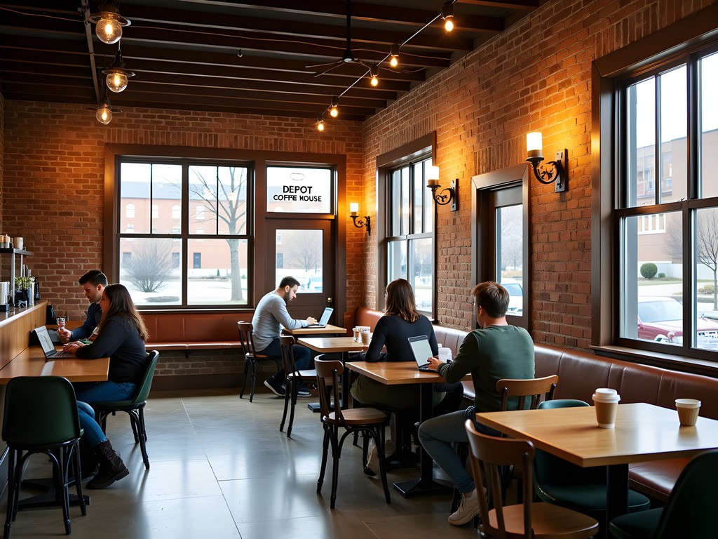 Business traveler working on laptop at Depot Coffee House in Norfolk, Nebraska