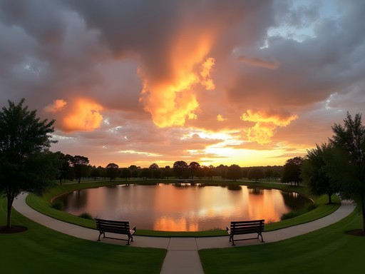 Dramatic sunset over Fort Zumwalt Park in O'Fallon with golden light reflecting on the lake