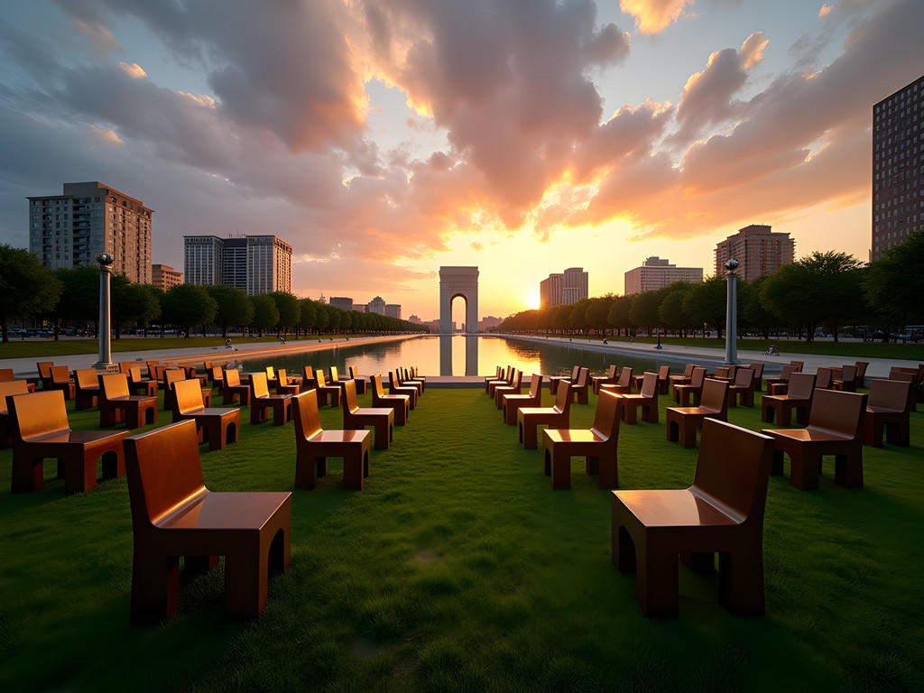 Oklahoma City National Memorial empty chairs reflecting pool at sunset