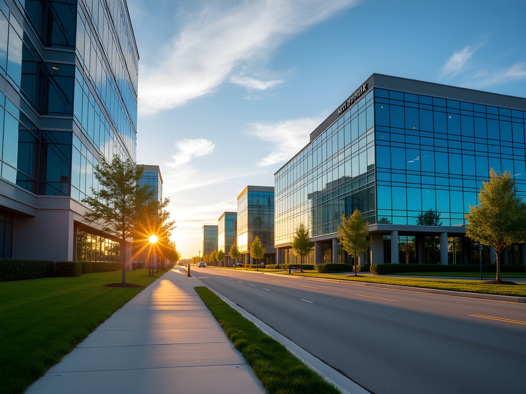Modern office buildings along Santa Fe corridor in Olathe Kansas during morning