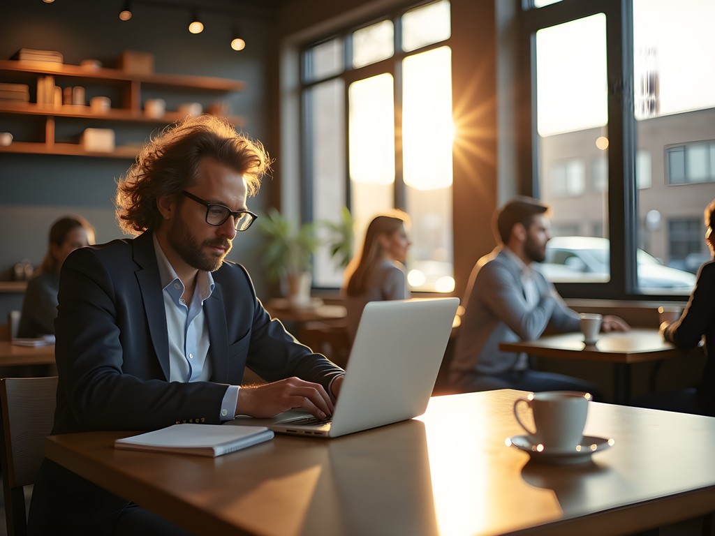 Business professional working on laptop in modern Olathe Kansas coffee shop