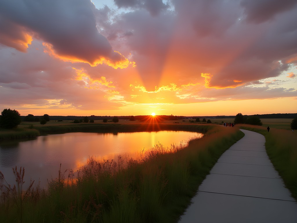 Peaceful evening walk along Lake Olathe Kansas with prairie sunset