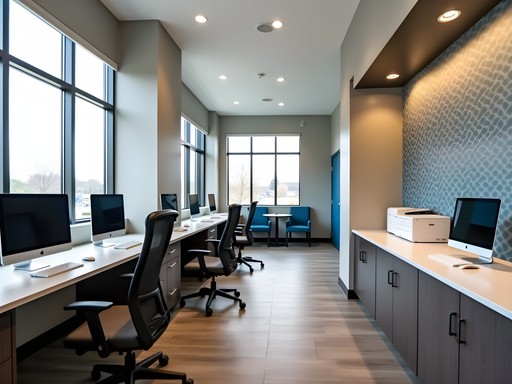 Modern hotel business center in Olive Branch with computers and work stations