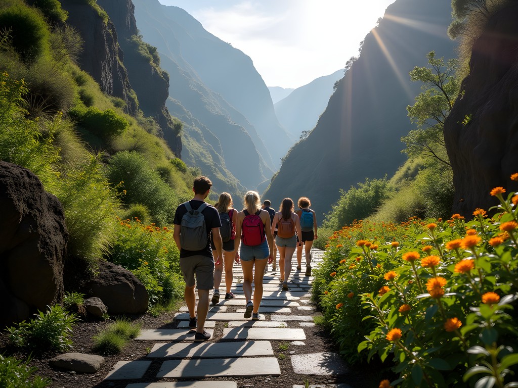 Group of digital nomads hiking Madeira's levada trails