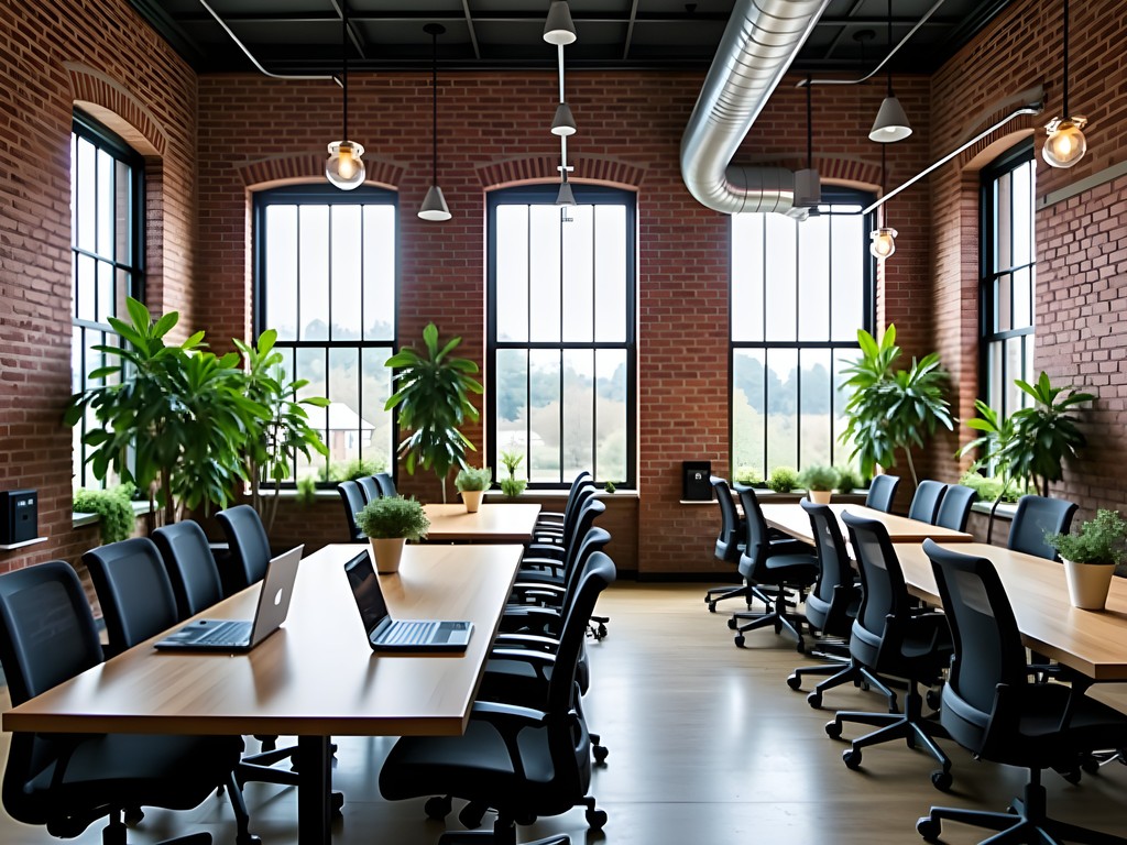 Modern coworking space interior with exposed brick walls and natural lighting in Rock Hill South Carolina