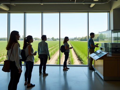 Business traveler touring agricultural research facility near Sacramento