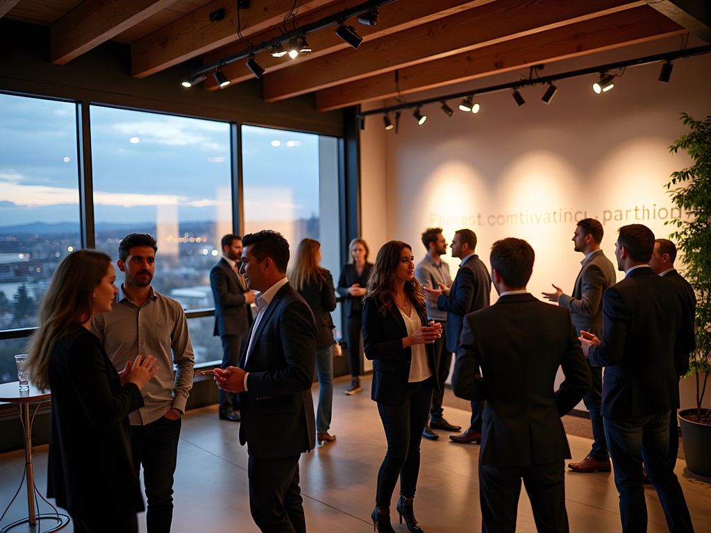 Evening networking event at a Seattle tech innovation space with professionals in conversation