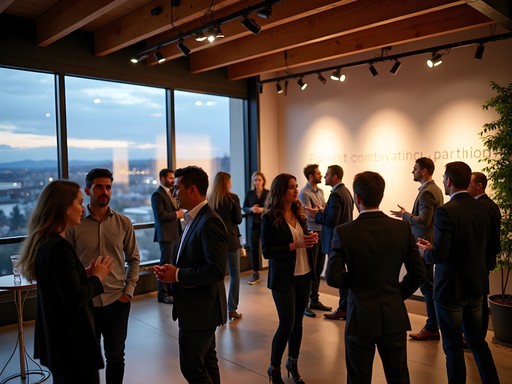 Evening networking event at a Seattle tech innovation space with professionals in conversation