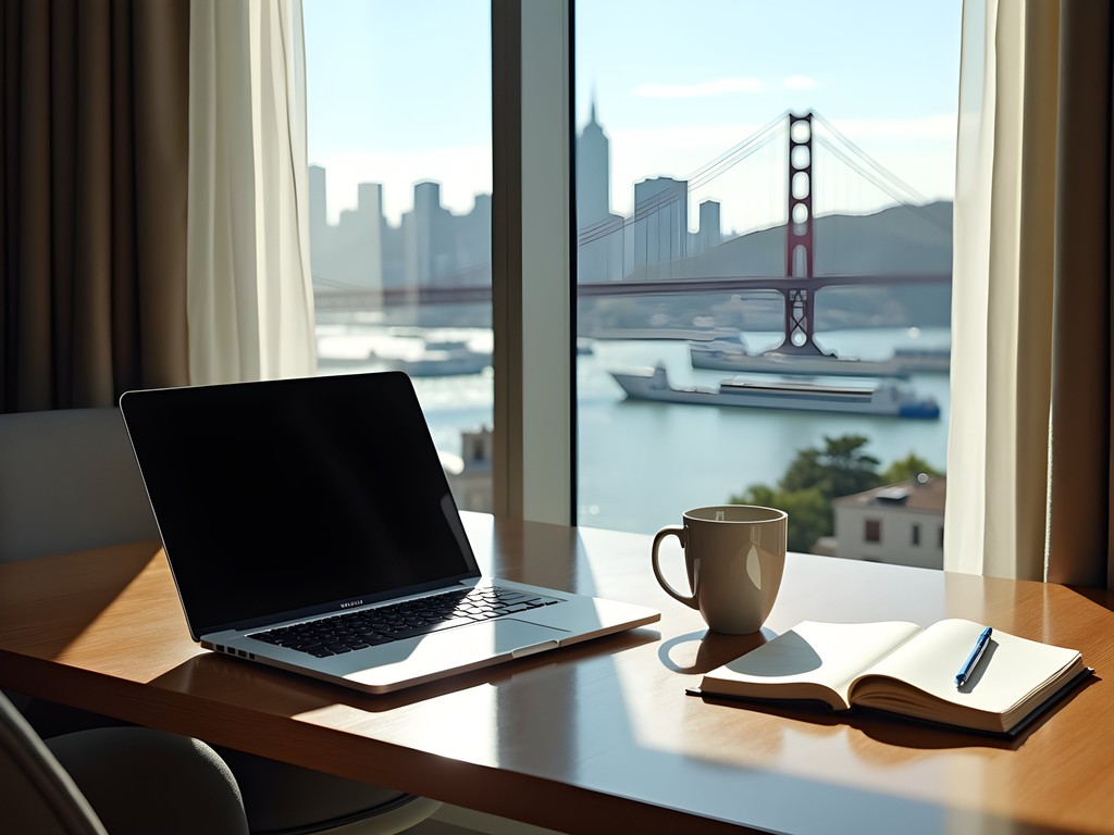 Luxury hotel workspace overlooking San Francisco skyline with laptop and coffee