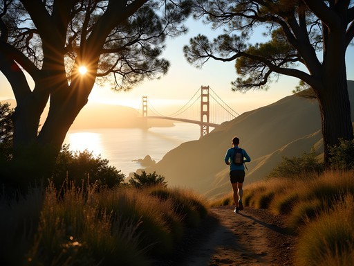Business traveler on morning run in San Francisco's Presidio with Golden Gate Bridge view
