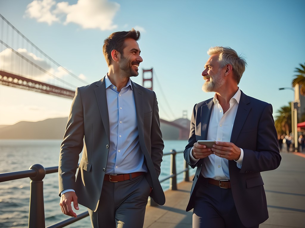 Two business professionals having a walking meeting along San Francisco's Embarcadero with Bay Bridge in background