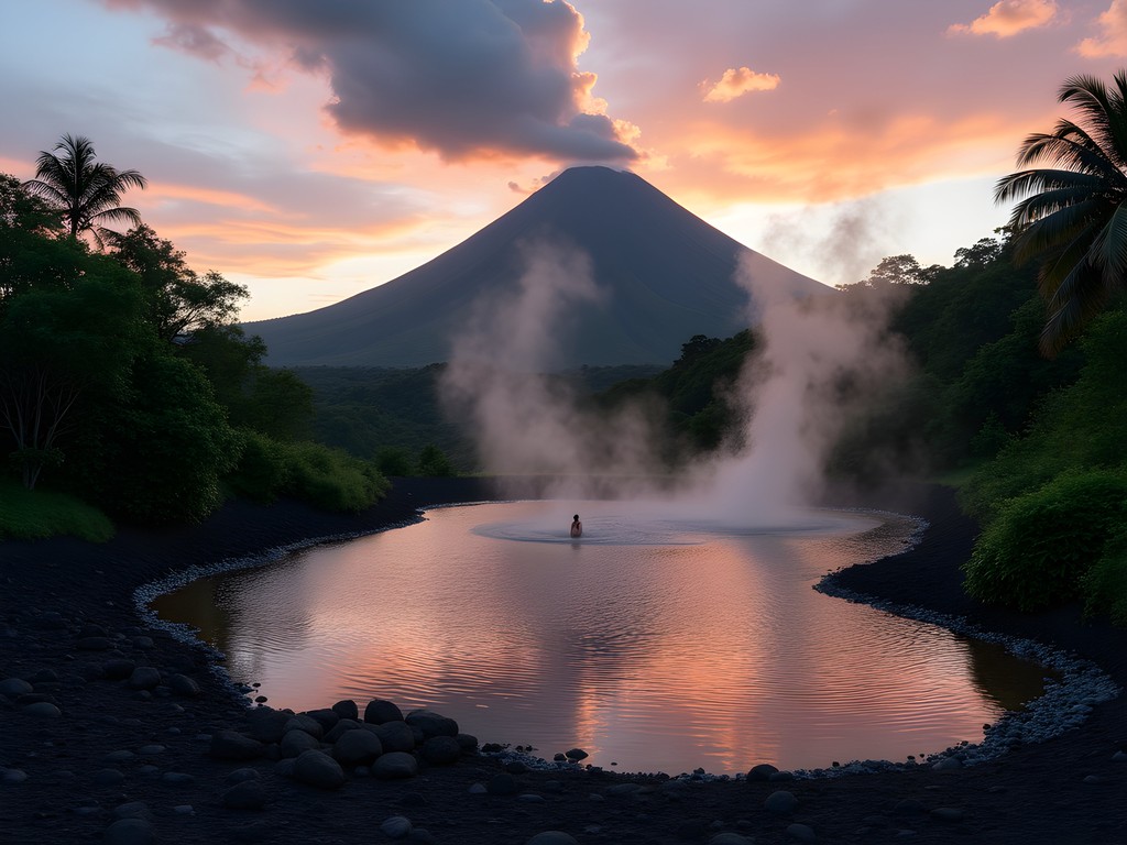 Business traveler relaxing at Arenal Volcano hot springs after workweek
