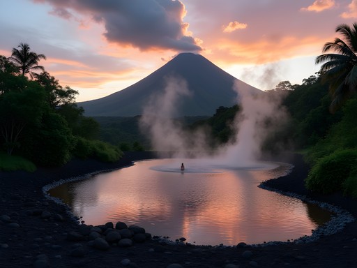 Business traveler relaxing at Arenal Volcano hot springs after workweek