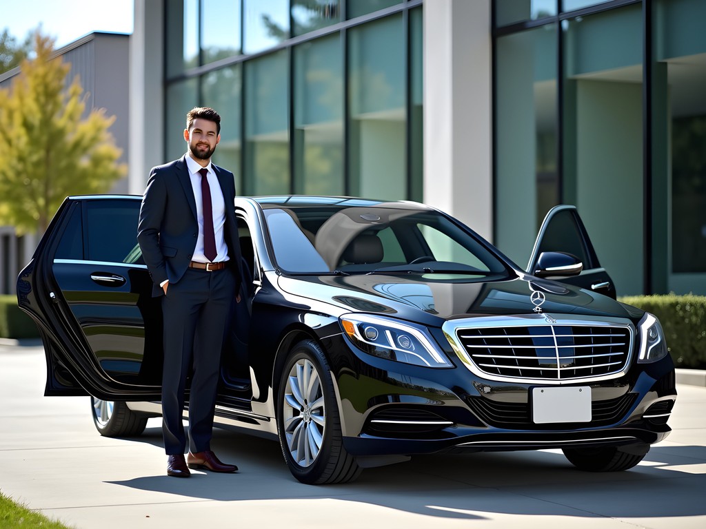 Luxury executive car service with professional driver waiting outside modern tech office building in Silicon Valley