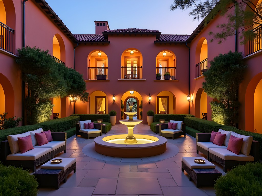 Elegant courtyard of Hotel Valencia Santana Row in San Jose with Spanish architecture and fountain