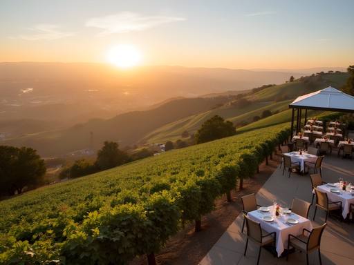 Panoramic view of Silicon Valley from Ridge Vineyards estate with vineyard rows and tasting area
