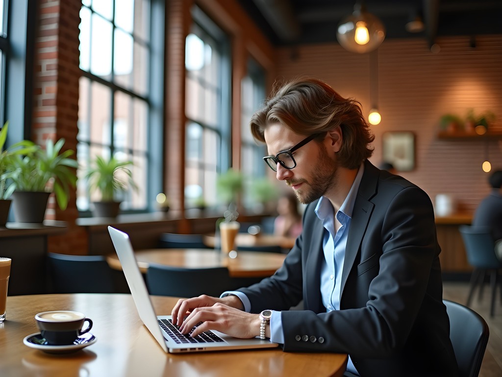 Business professional working on laptop in cozy Schenectady cafe with espresso and pastry