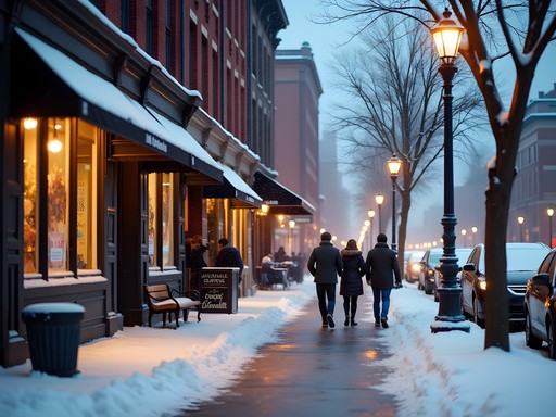 Snow-covered State Street in Schenectady with business professionals navigating winter sidewalks