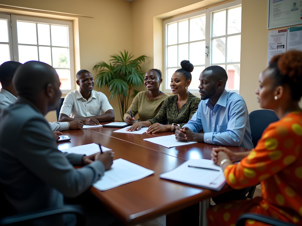 Business professionals in mix of Western and traditional Gambian attire during meeting