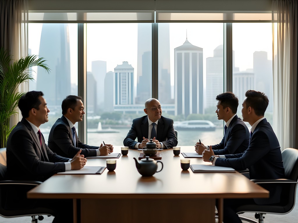Professional business meeting in Shanghai office with traditional tea service