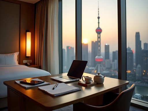 Executive hotel room workspace overlooking Shanghai skyline