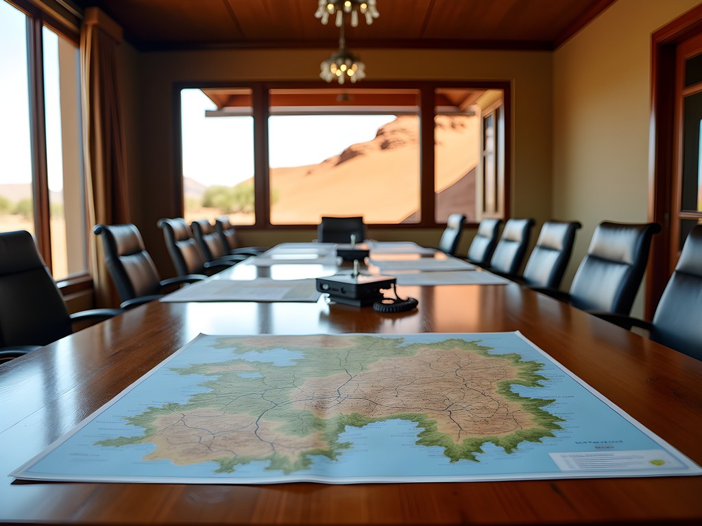 Business retreat logistics planning session with maps and technology in luxury Namibian lodge