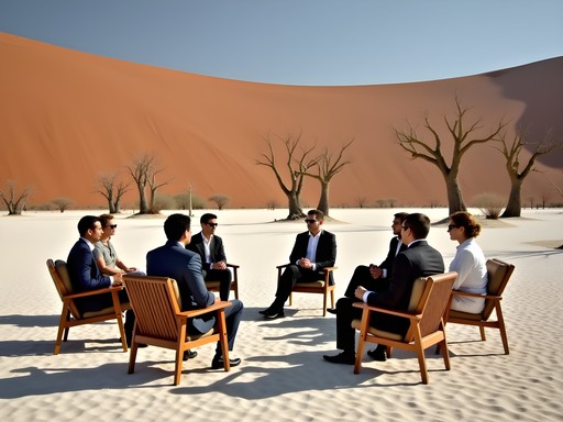 Business team in discussion circle at Dead Vlei with ancient trees and dunes backdrop