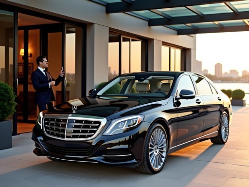 Business professional being picked up by luxury car service at Tampa waterfront hotel