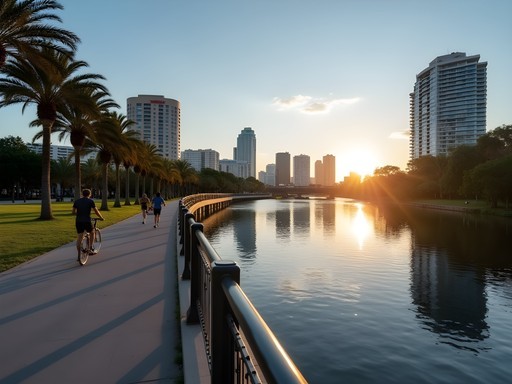 Professional taking an early morning walk along Tampa Riverwalk with city skyline