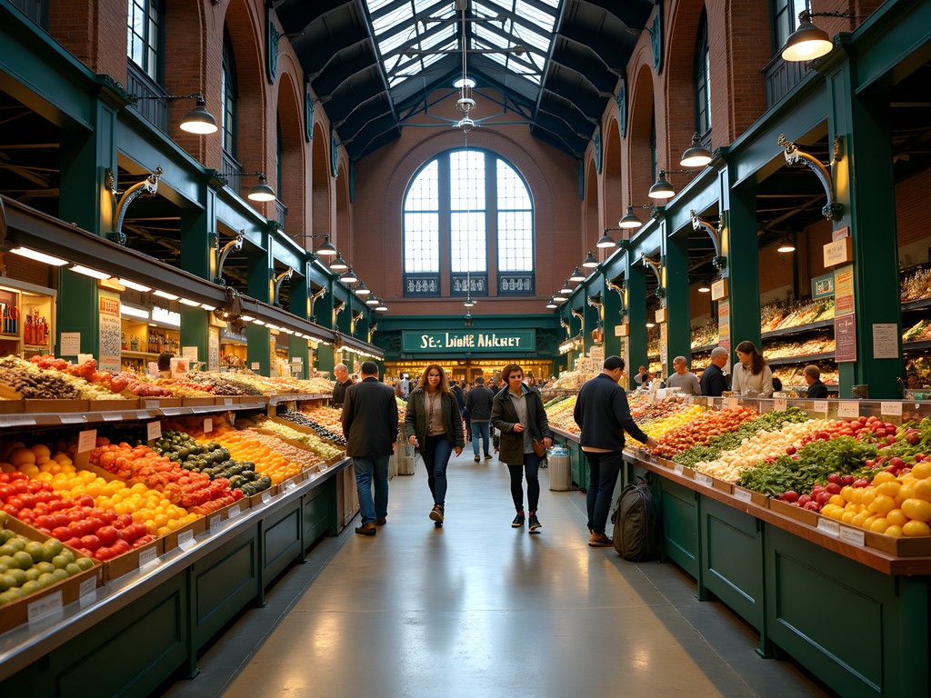 Busy St. Lawrence Market interior with vendor stalls and shoppers