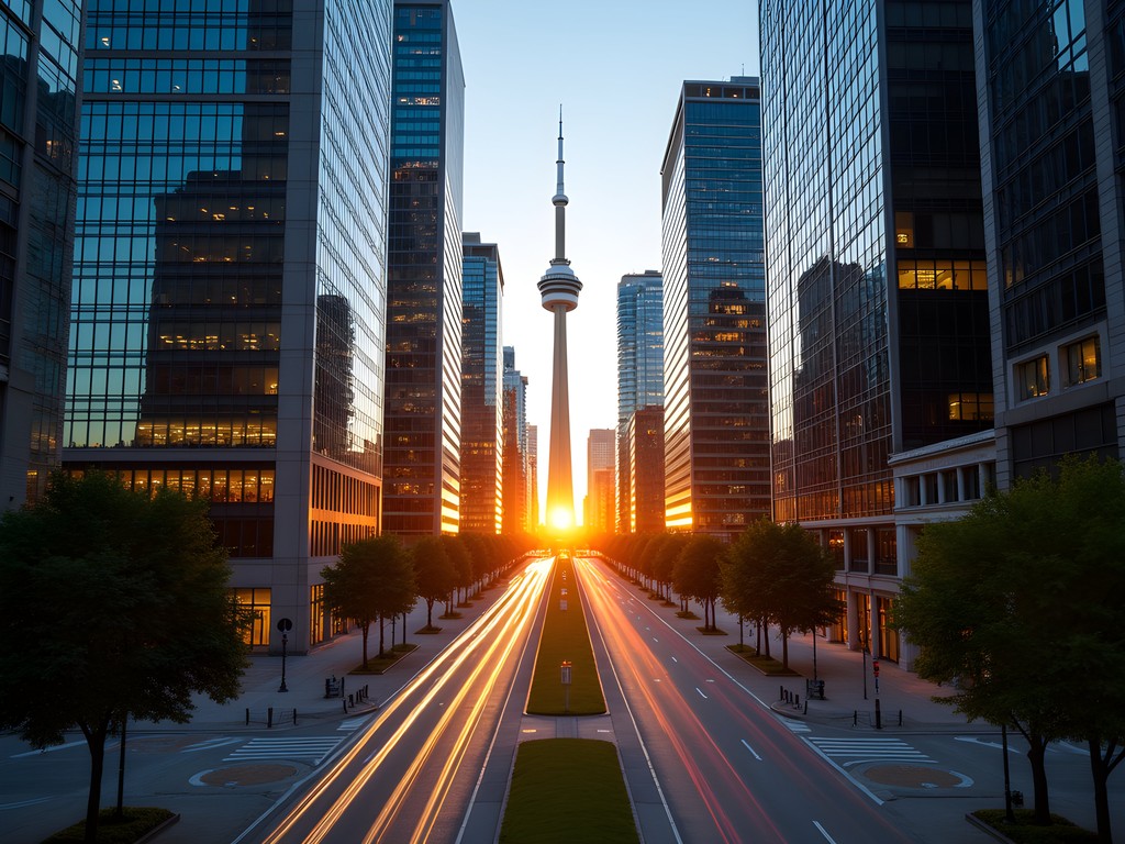Toronto Financial District skyline at sunrise with CN Tower