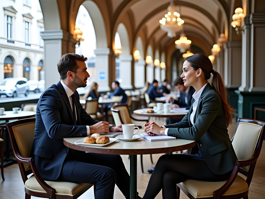 Professional business meeting in historic Viennese café