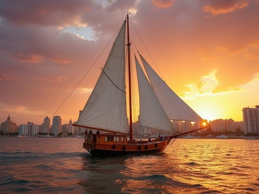 Traditional Egyptian felucca sailboat on Mediterranean waters at sunset with Alexandria skyline