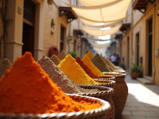 Colorful spice displays in Alexandria's Turkish Quarter with ancient architecture