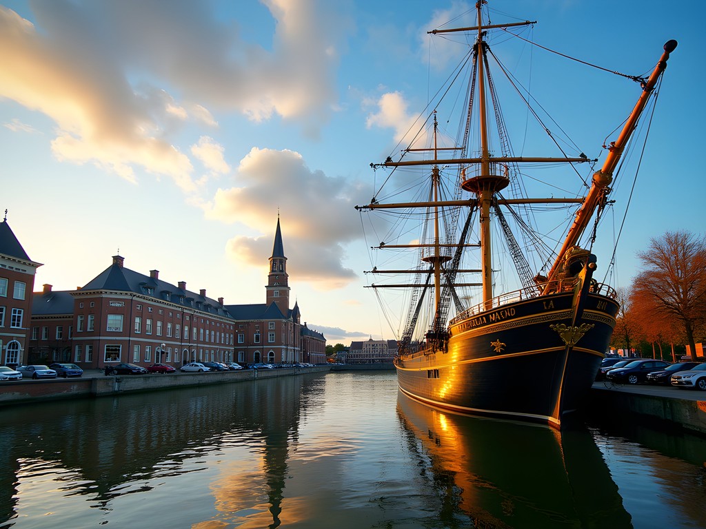 Amsterdam Maritime Museum with replica tall ship in foreground