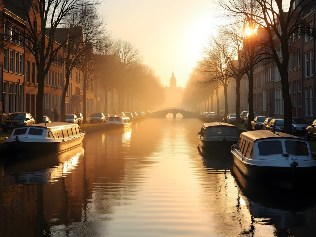 Early morning light on Amsterdam's Prinsengracht canal with houseboats and historic buildings