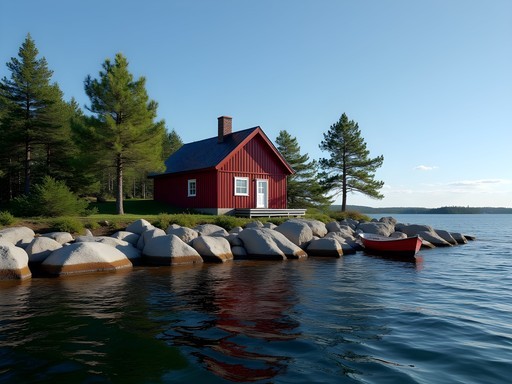 Traditional red Swedish cottage on rocky island in Stockholm archipelago