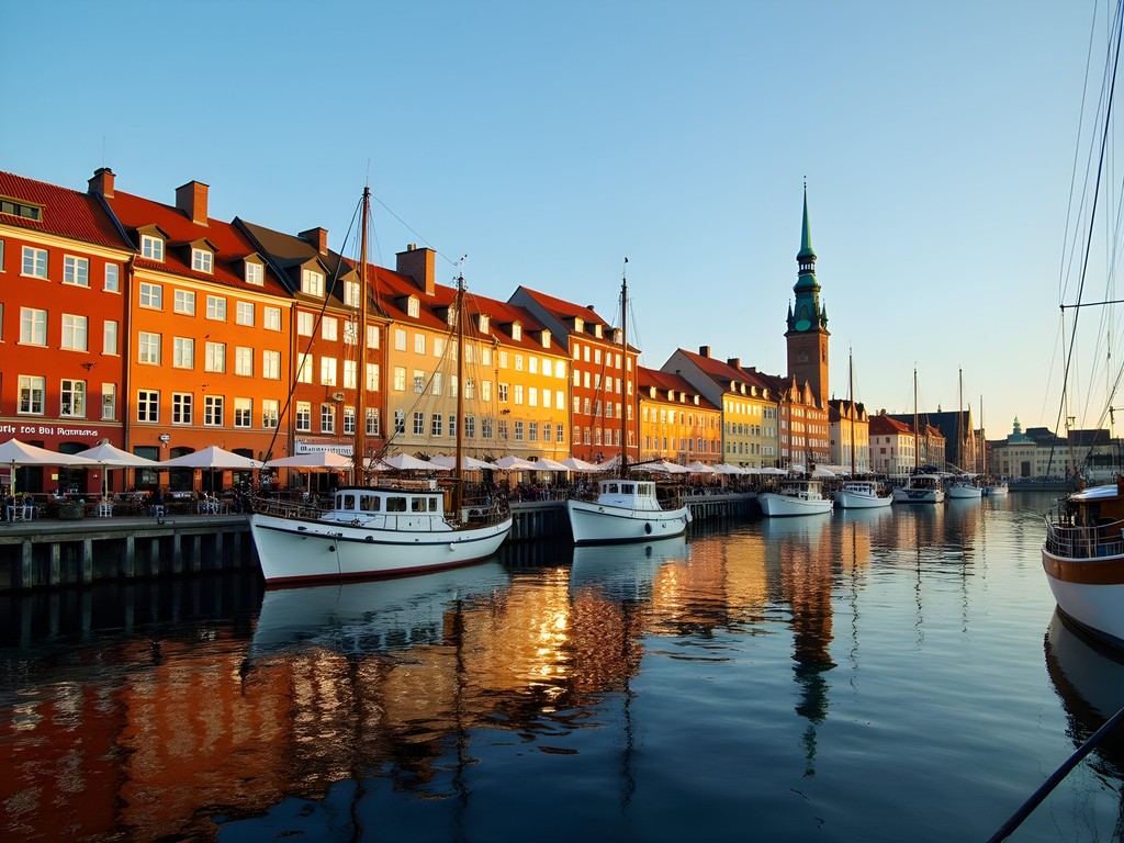 Colorful historic buildings of Stockholm's Gamla Stan reflected in calm harbor waters