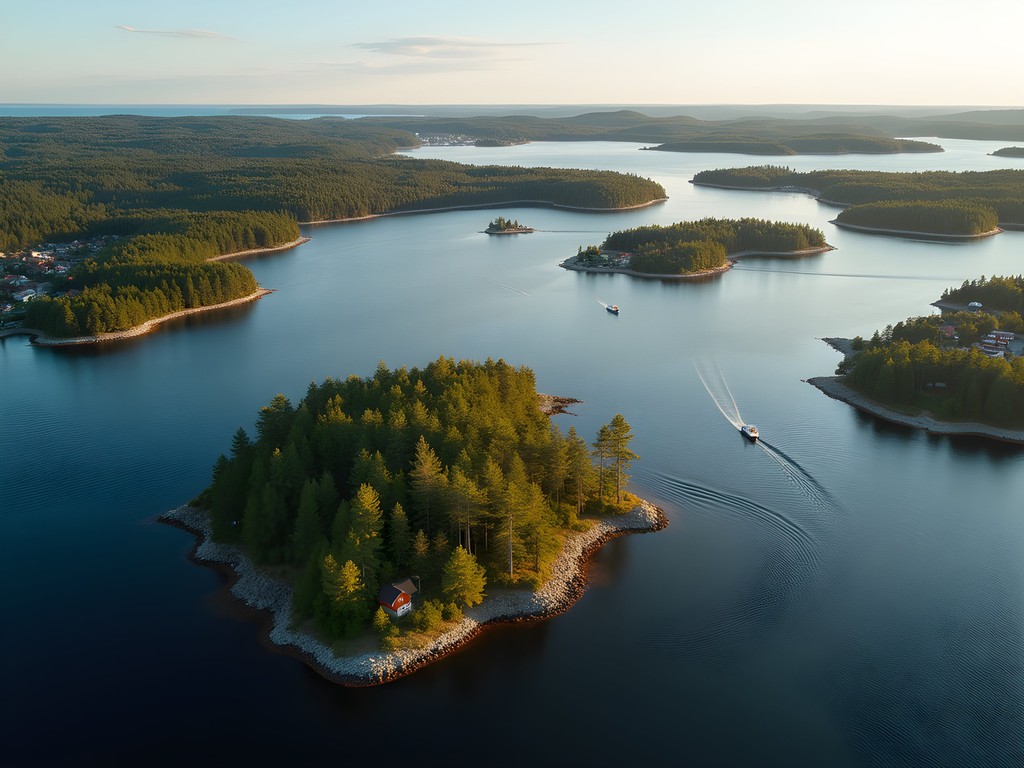 Aerial view of Stockholm archipelago from seaplane with islands dotting blue waters