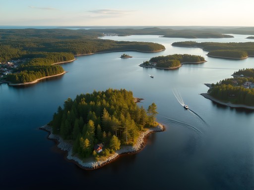 Aerial view of Stockholm archipelago from seaplane with islands dotting blue waters