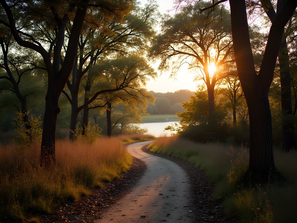 Dusk at River Legacy Parks showing illuminated nature trail and Trinity River