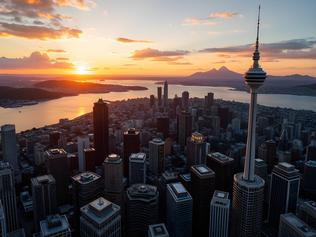 Auckland cityscape at sunset viewed from Sky Tower observation deck