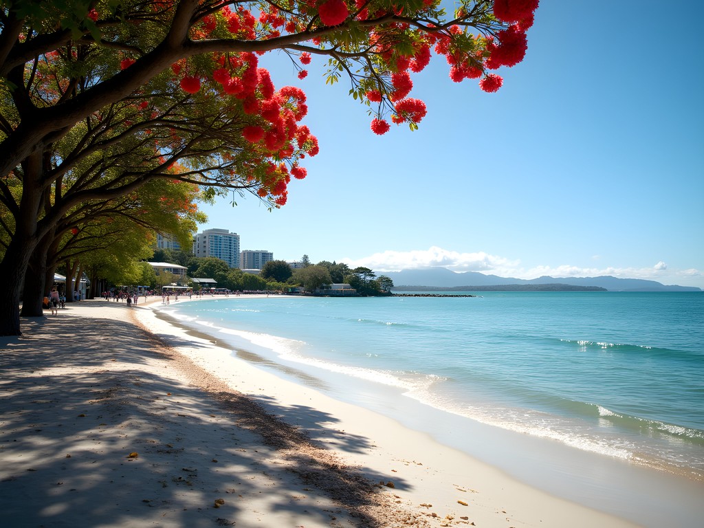 Mission Bay Beach in Auckland with pohutukawa trees and view of Rangitoto Island