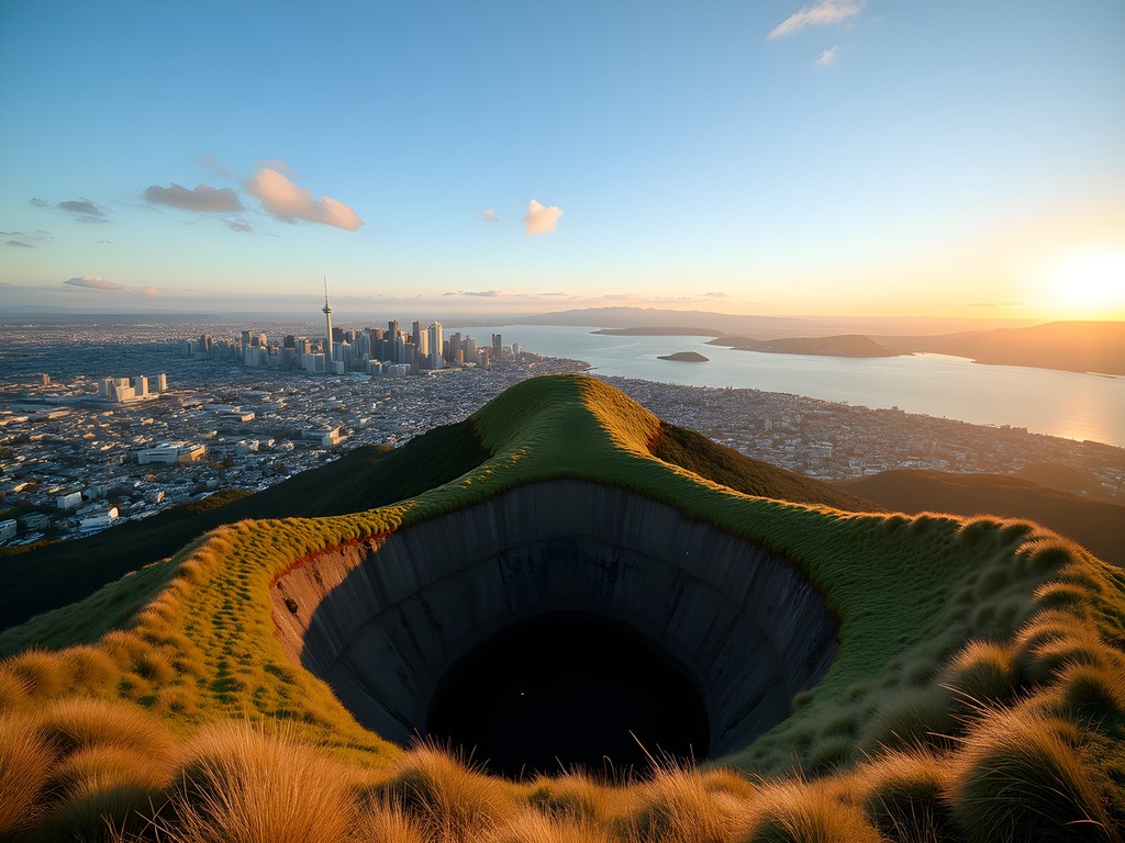 Panoramic view of Auckland from the summit of Mt. Eden volcano