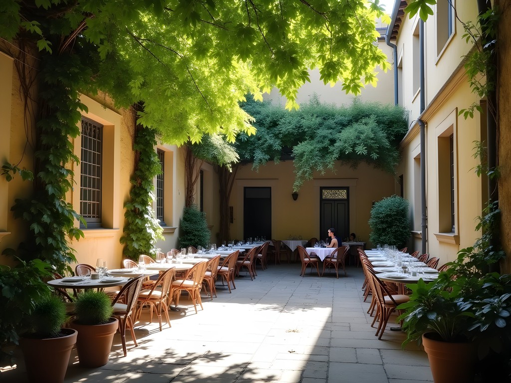 Secret courtyard garden in Avignon with stone walls and shade trees