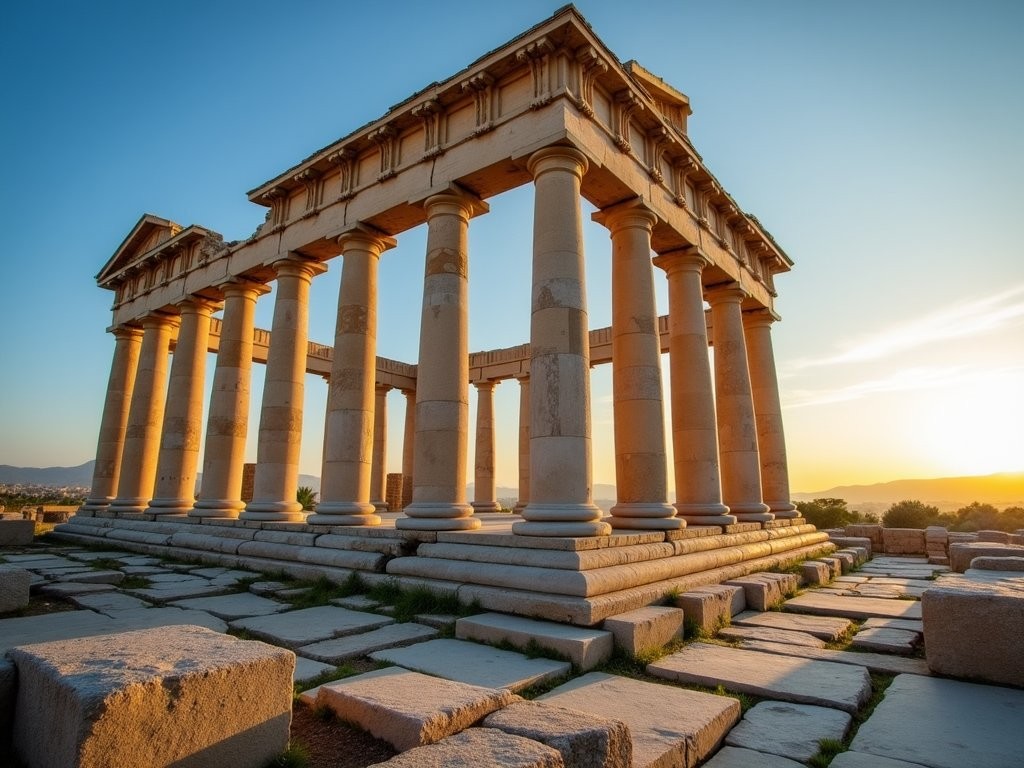 Massive columns of Temple of Jupiter at Baalbek illuminated by golden sunrise light