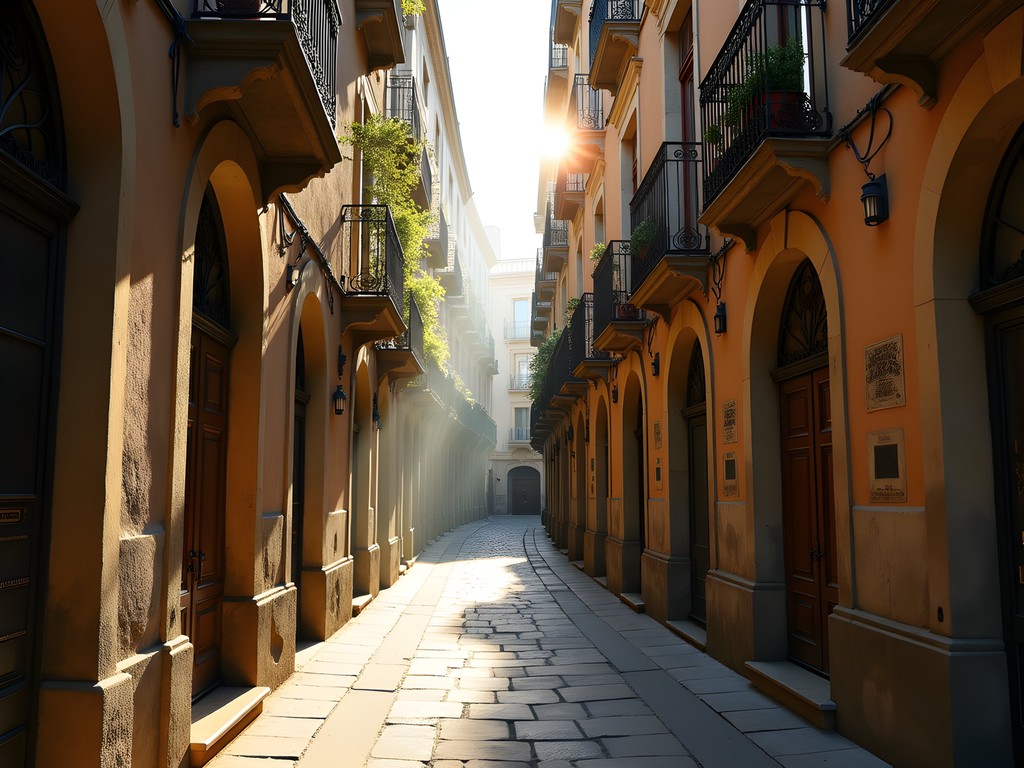 Morning light streaming through narrow streets of Barcelona's Gothic Quarter