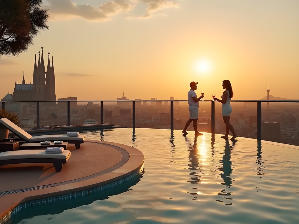 Sunset view from hotel rooftop pool overlooking Barcelona's skyline
