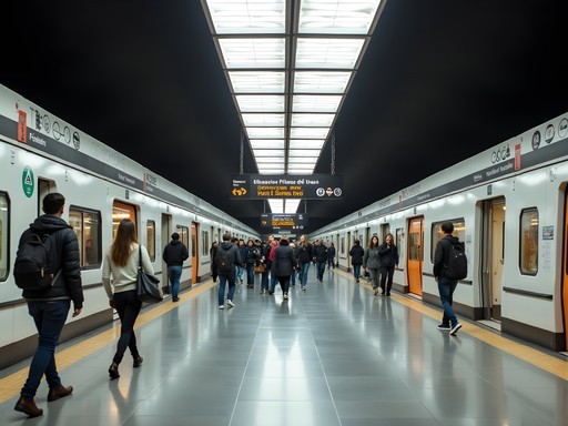 Modern architecture of Barcelona metro station with passengers
