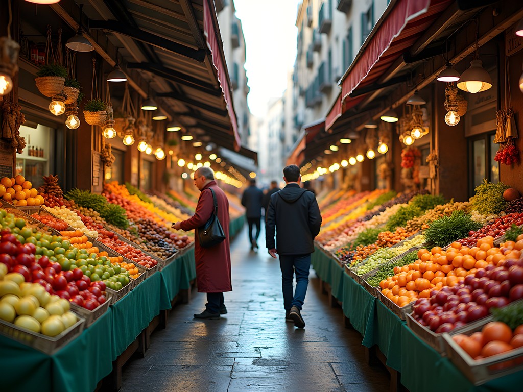 Early morning at La Boqueria market with colorful fruit displays and few tourists